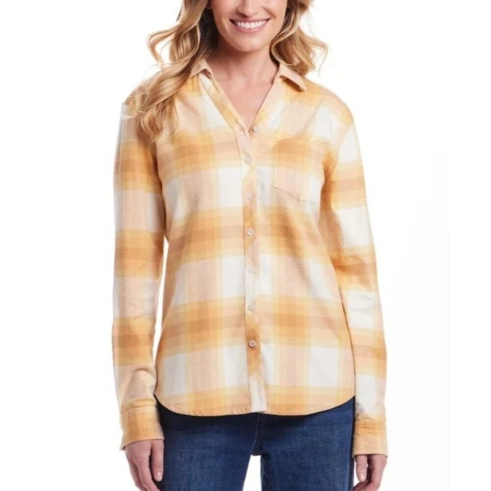 Weatherproof Vintage Women's L Yellow Plaid Button-Down Flannel Shirt M0571